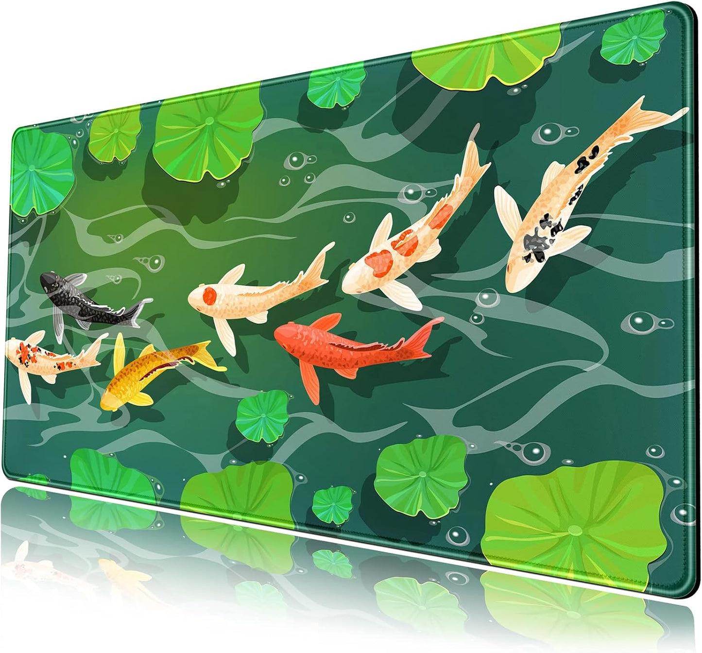 Cute Koi Fishes Desk Mat Large Gaming Mouse Pad XL Extended Mousepad Green Laptop Keyboard Mouse Mat Japanese Desk Pad 31.5''X15.7'' Non-Slip Rubber Base with Stitched Edges