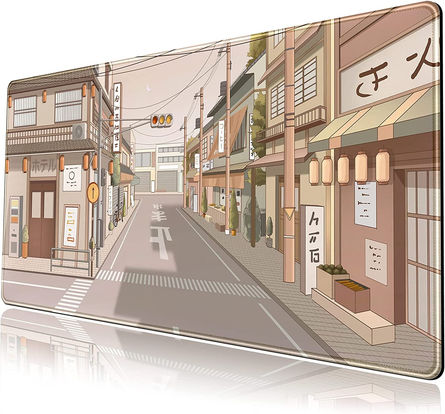 Tokyo Street Desk Mat Anime Japanese Mouse Pad XL Kawaii Large Gaming Mousepad XXL Beige Cute Desktop Mat Laptop Keyboard Mouse Mat Desk Pad Big 31.5''X15.7'' with Stitched Edges Non-Slip Rubber Base